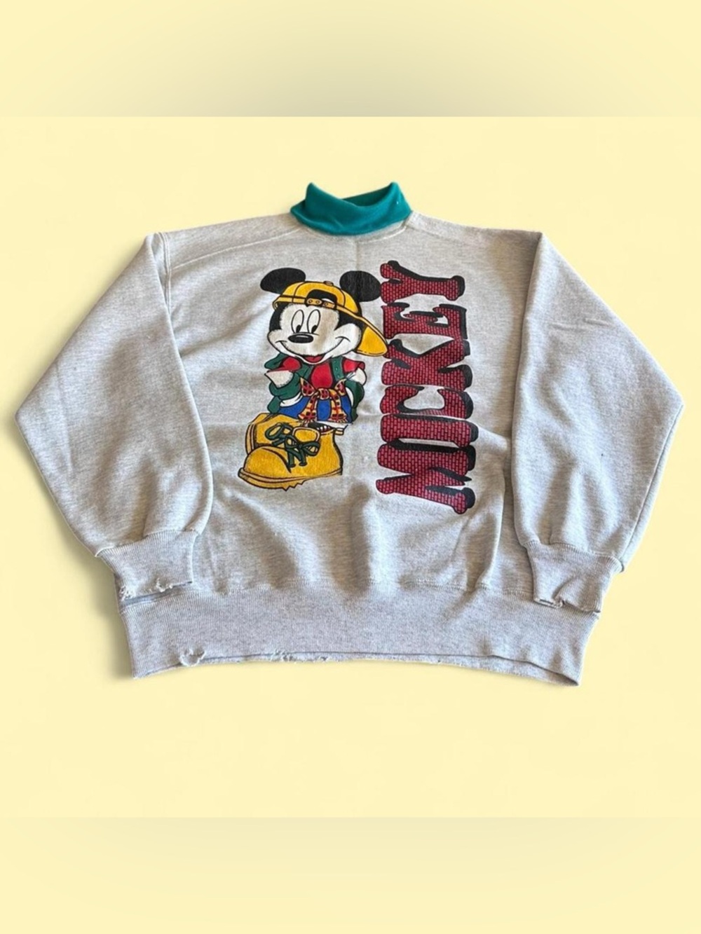 Vintage Mickey Mouse Sweatshirt Grey Green Jerzees USA Distressed